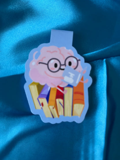 The blue version of the handmade magnetic fold-over brain bookmark