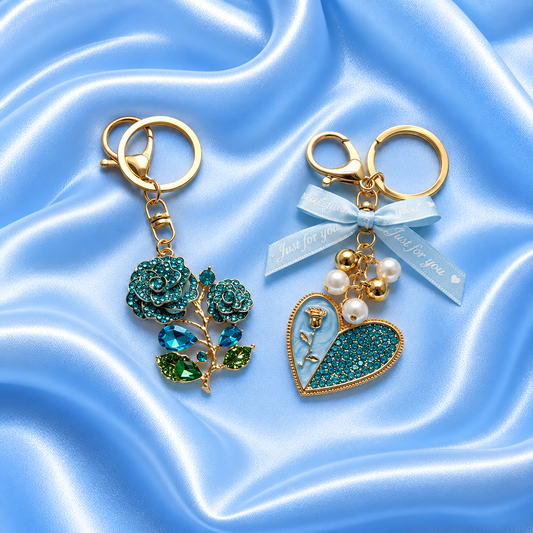 Blue Rose & Heart Charm Keyrings