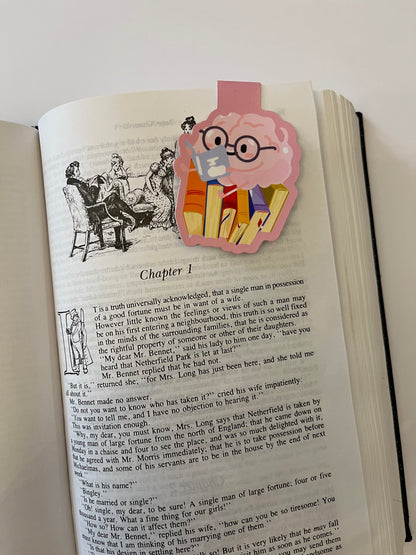 The pink version of the handmade magnetic fold-over brain bookmark